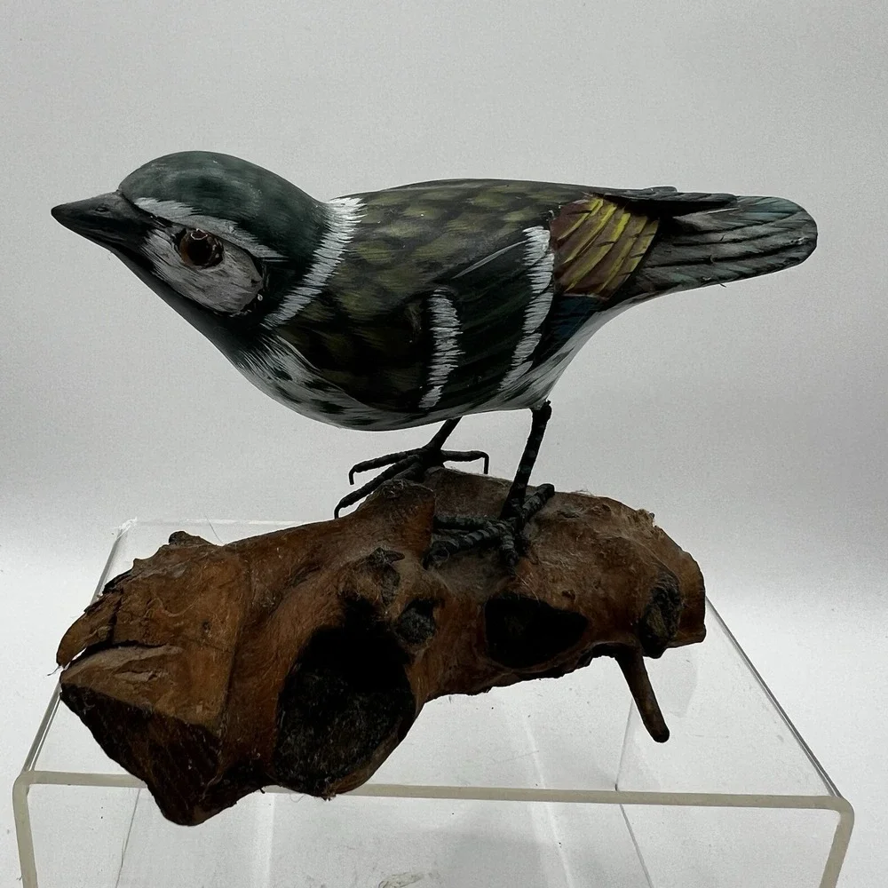 Vtg Hand Carved Wood Bird Numbered on Driftwood Heritage Industries Chickadee?